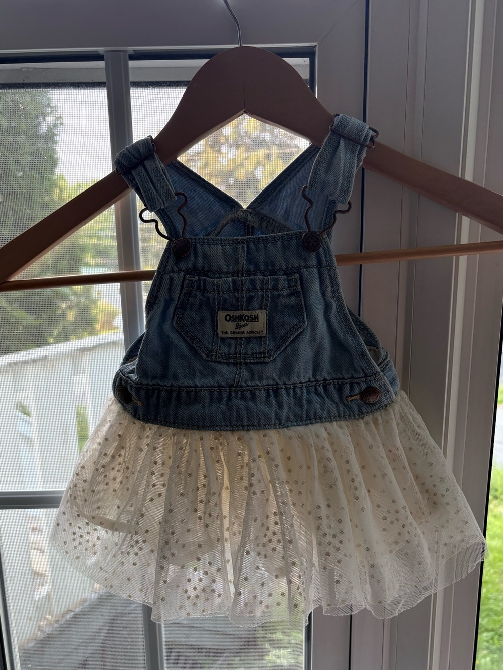 OshKosh B’gosh Baby Girl Denim Overall Tutu Dress Gold Tulle 6M - Picture 1 of 4